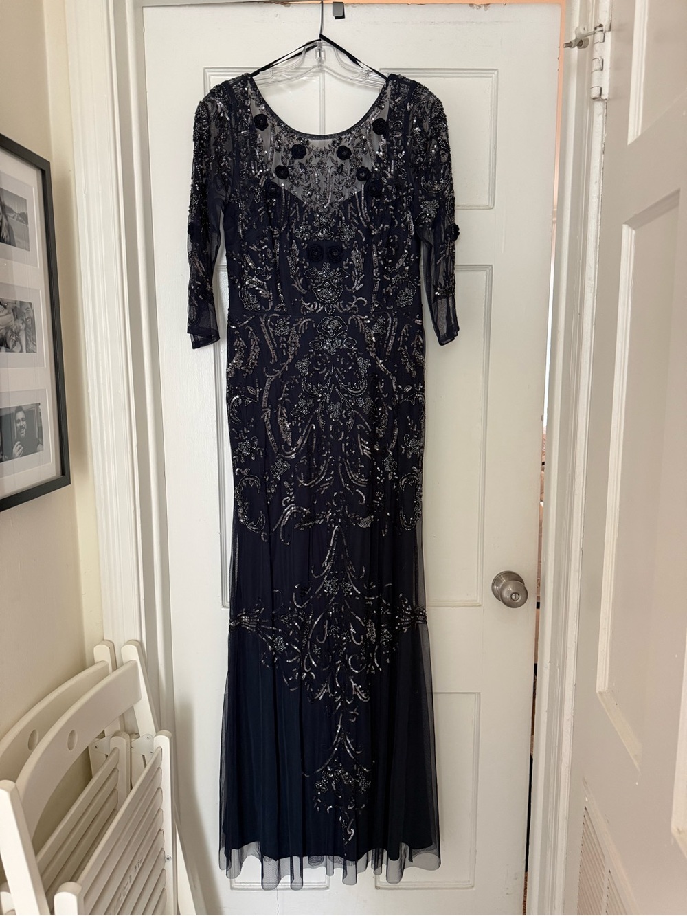 Embellished Navy Long Sleeve Evening Dress - Women Dresses